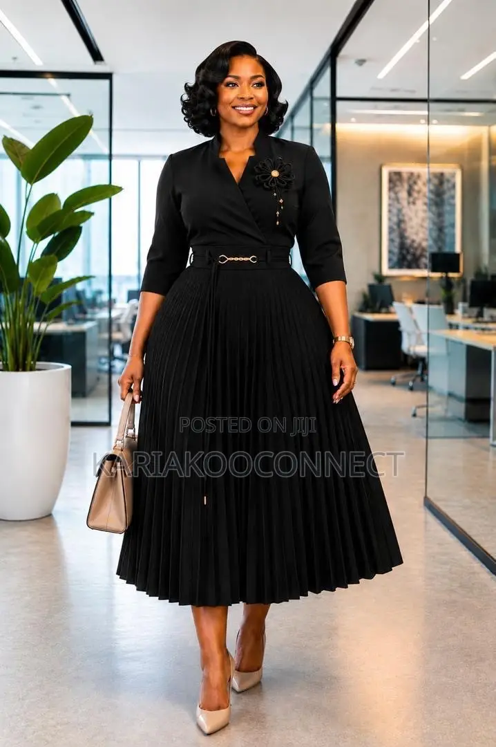 Cotton Wrap Dress With Pleated Midi Skirt & Floral Brooch