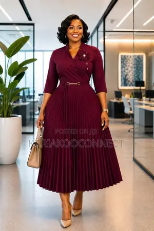 Cotton Wrap Dress With Pleated Midi Skirt & Floral Brooch
