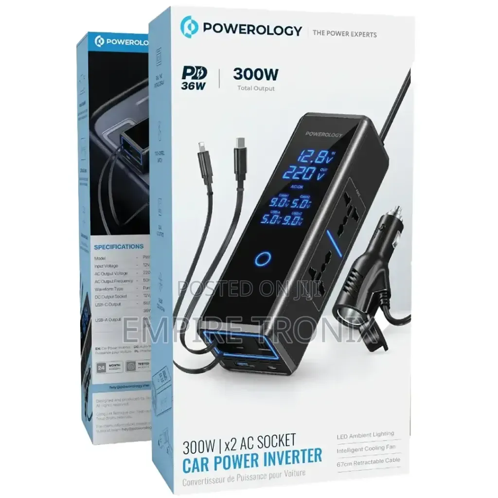Powerology 300W Car Power Inverter 2 AC Sockets Pure Sine Wave