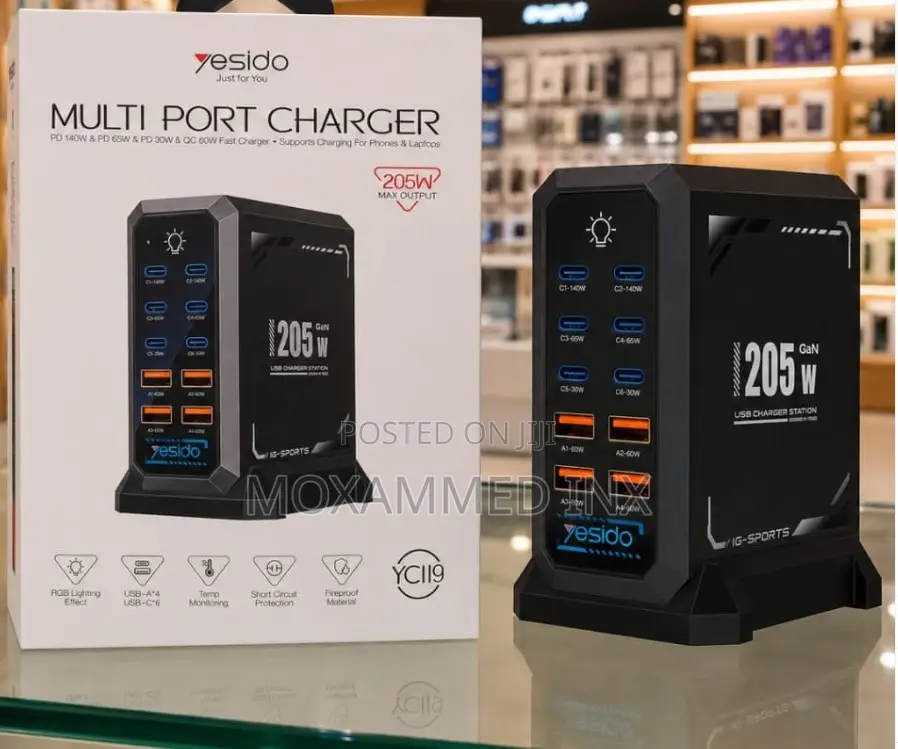 YC119 Yesido Multi Port Charger Desktop, 10ports, 205watts, 140wPD