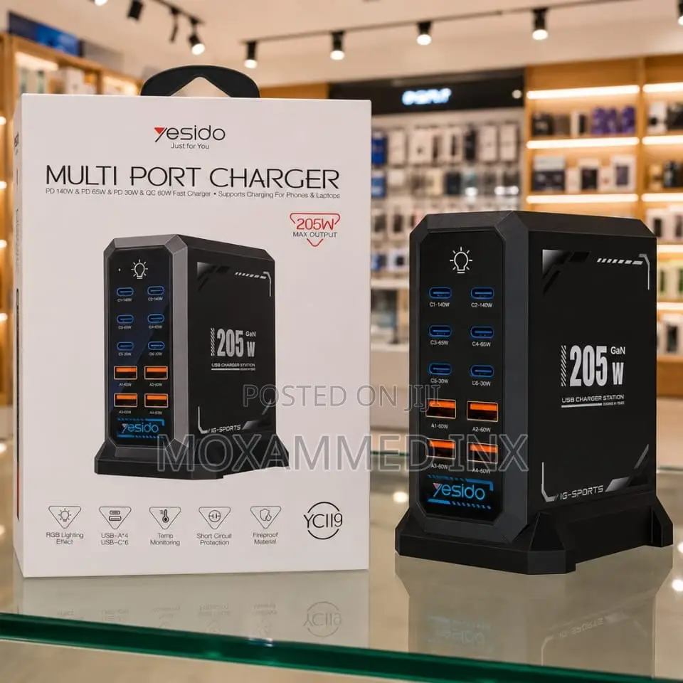 YC119 Yesido Multi Port Charger Desktop, 10ports, 205watts, 140wPD