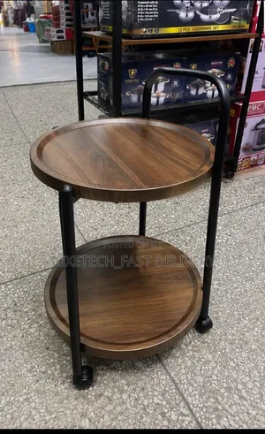 2-Tier Round Rolling Bar Cart – Wooden Side Table With Wheels, Handle