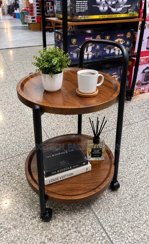 2-Tier Round Rolling Bar Cart – Wooden Side Table With Wheels, Handle