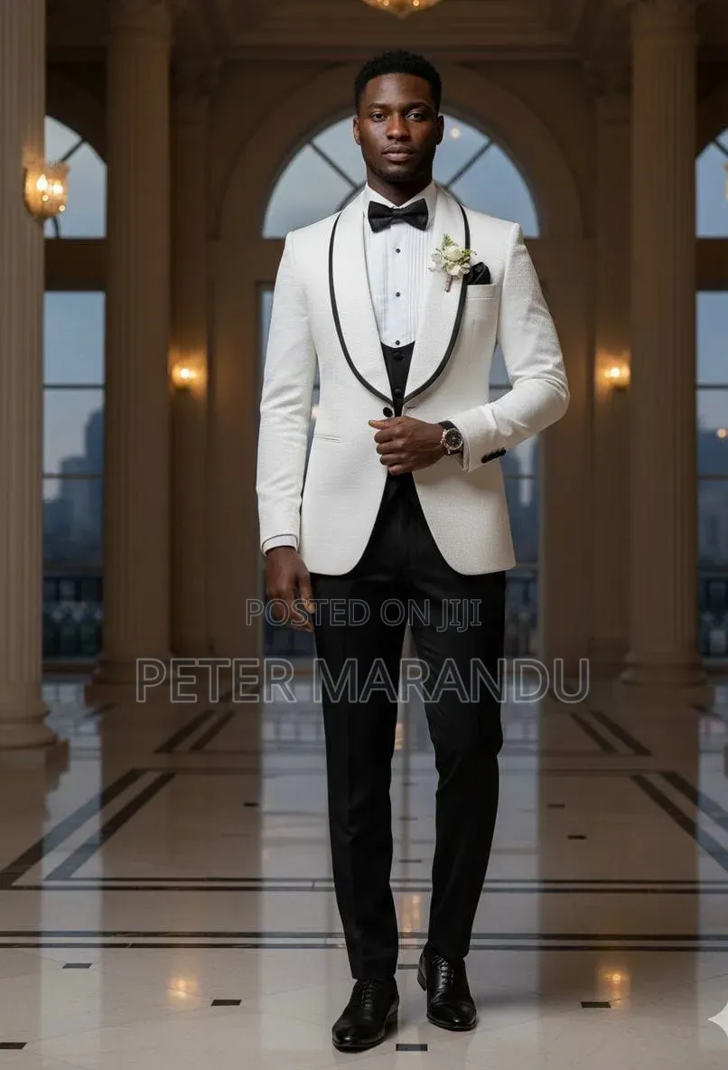 Luxury Men's Ivory/White Shawl Piping Tuxedo - Premium
