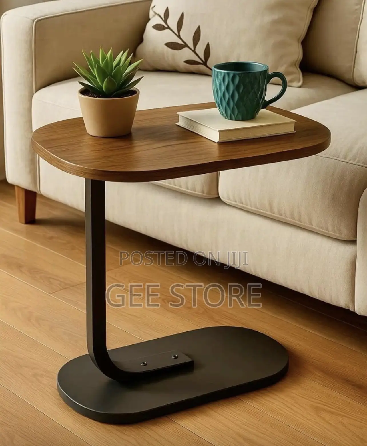Modern C-Shaped Wooden Top Side Table