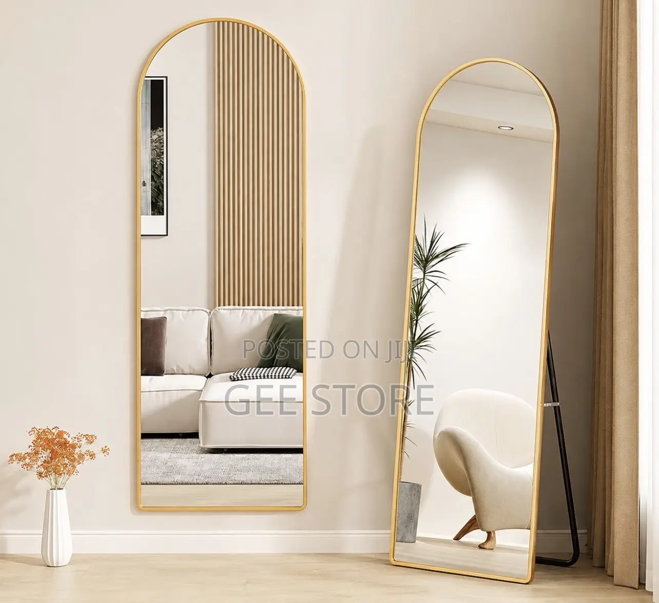 Black-Framed, Arched Full-Length Floor Mirror With a Standing Bracket