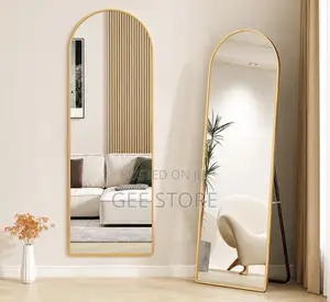 Black-Framed, Arched Full-Length Floor Mirror With a Standing Bracket