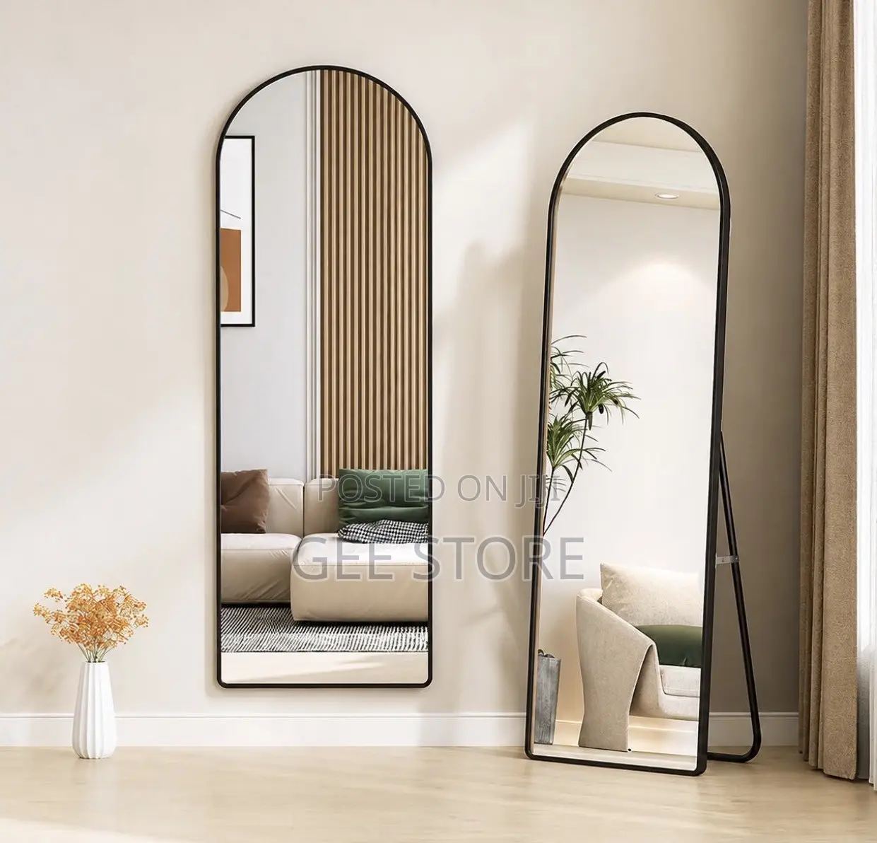 Black-Framed, Arched Full-Length Floor Mirror With a Standing Bracket