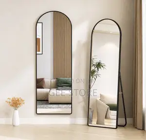 Black-Framed, Arched Full-Length Floor Mirror With a Standing Bracket
