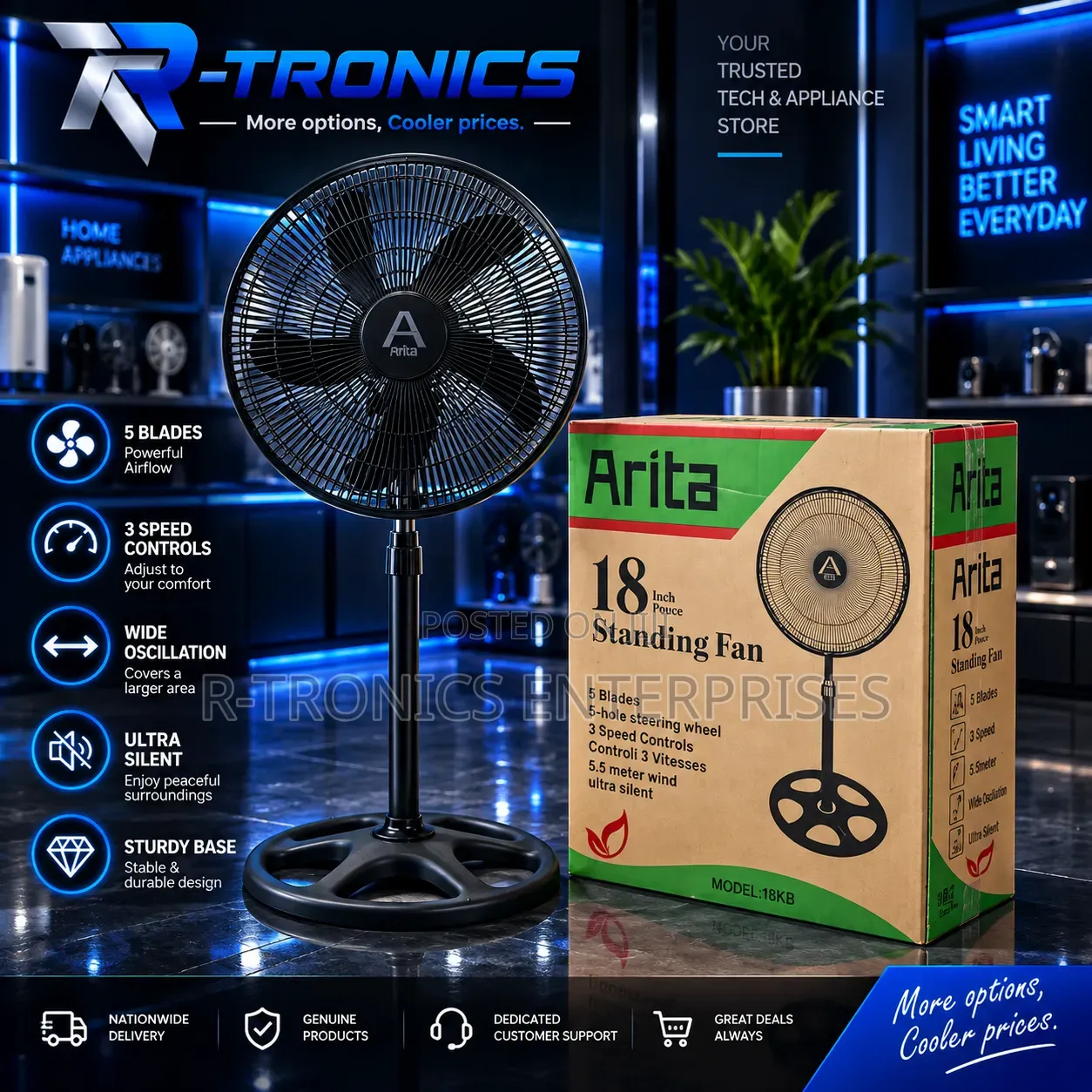 Arita 18" Standing Fan — 5 Blades | 3 Speeds | Ultra Silent