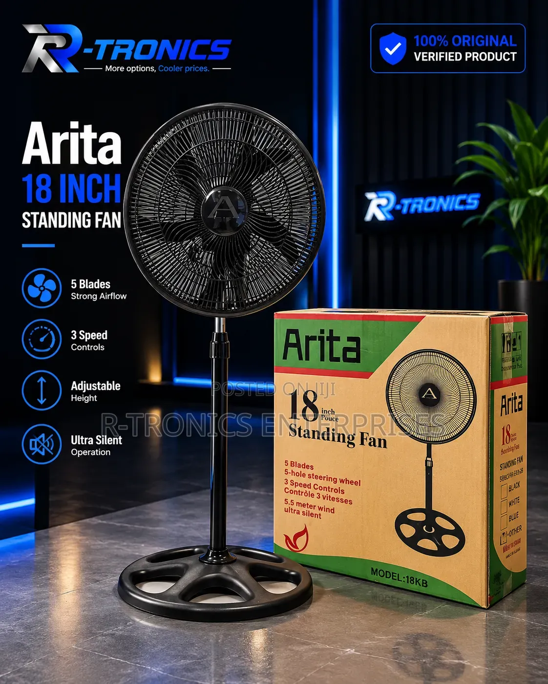 Arita 18" Standing Fan — 5 Blades | 3 Speeds | Ultra Silent