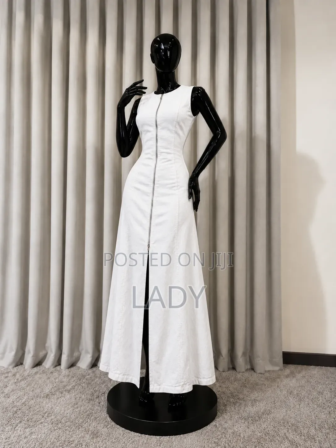 Elegant White Denim Maxi Dress – Sleeveless, Size L