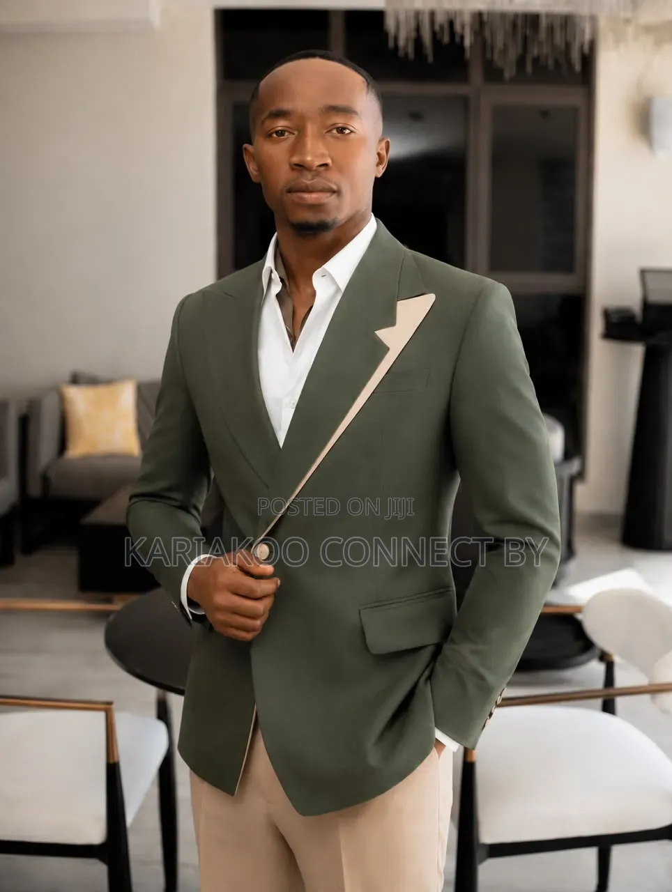 Men's Executive Olive Green Beige Two-Tone Suit