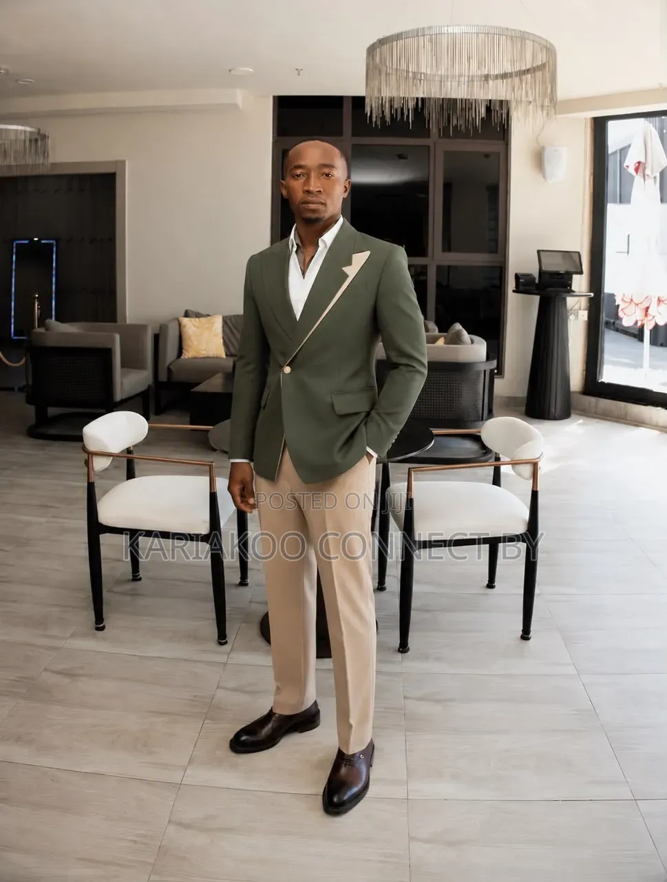 Men's Executive Olive Green Beige Two-Tone Suit