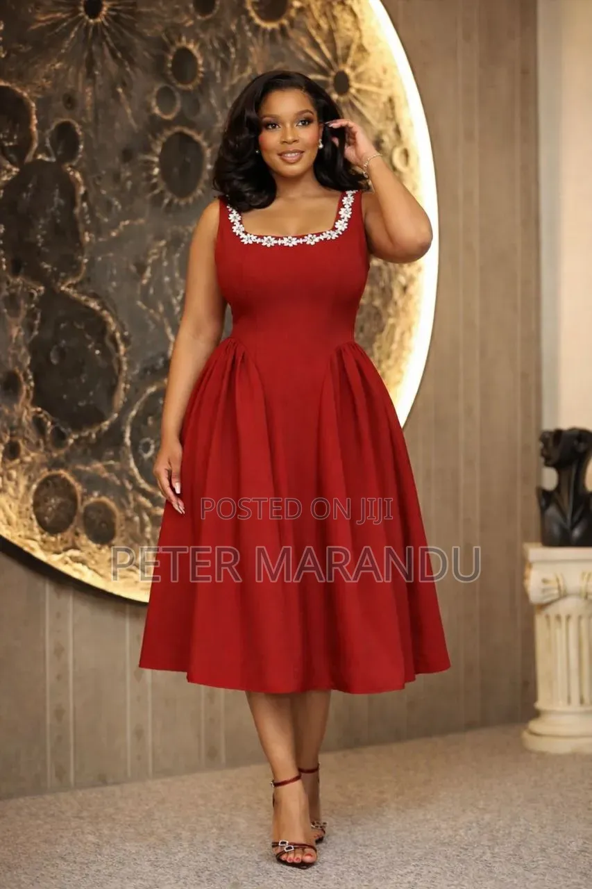 Flare Midi Dress With Crystal Neckline)
