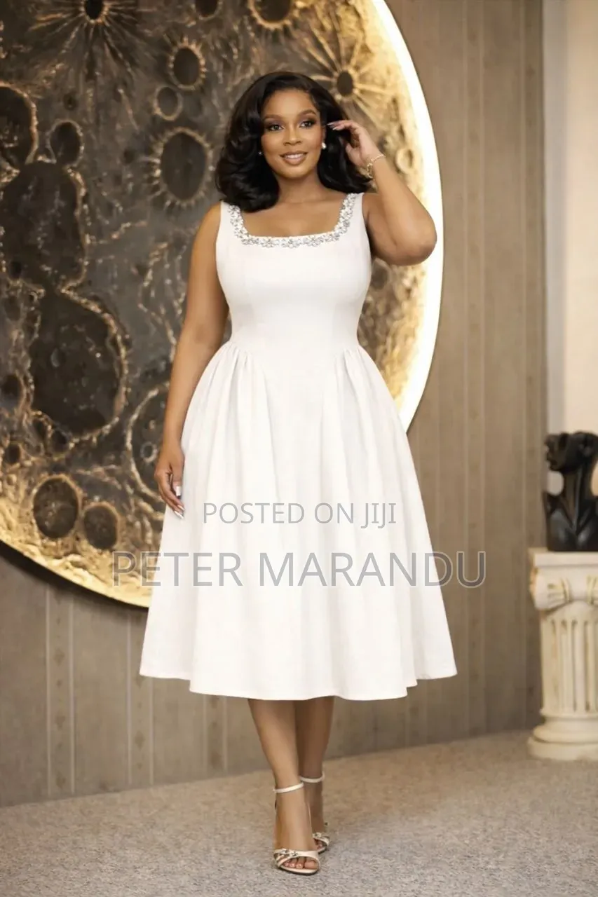 Flare Midi Dress With Crystal Neckline)