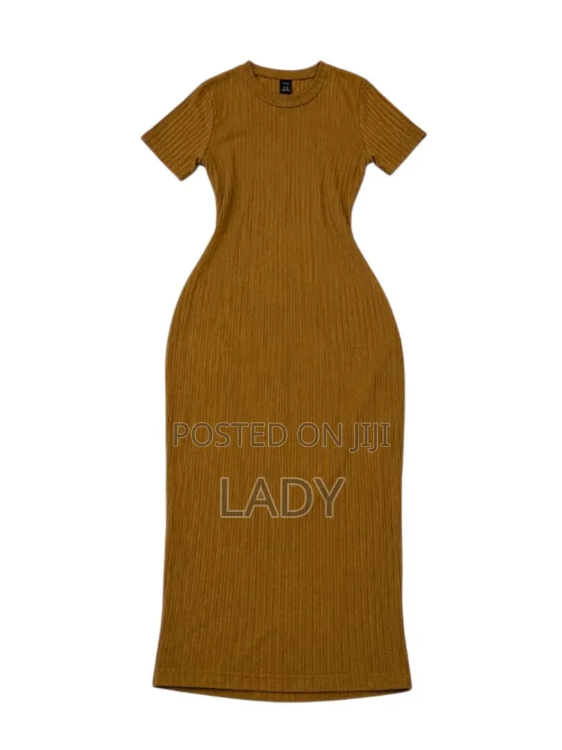 R B Mustard Ribbed Bodycon Mid-Calf Dress – Size M