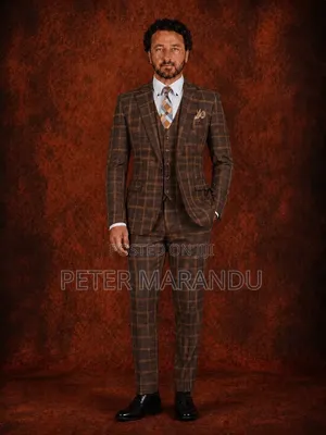 3-Piece Slim Fit Checked Suit (Brown)