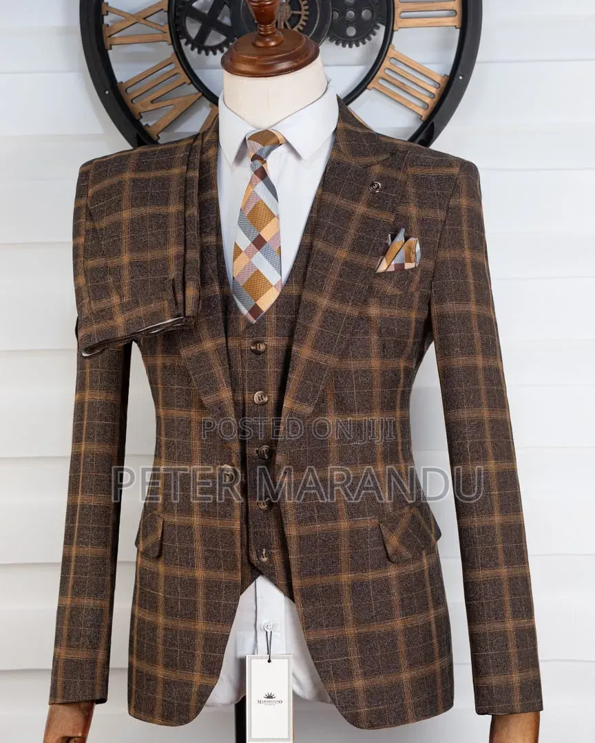 3-Piece Slim Fit Checked Suit (Brown)