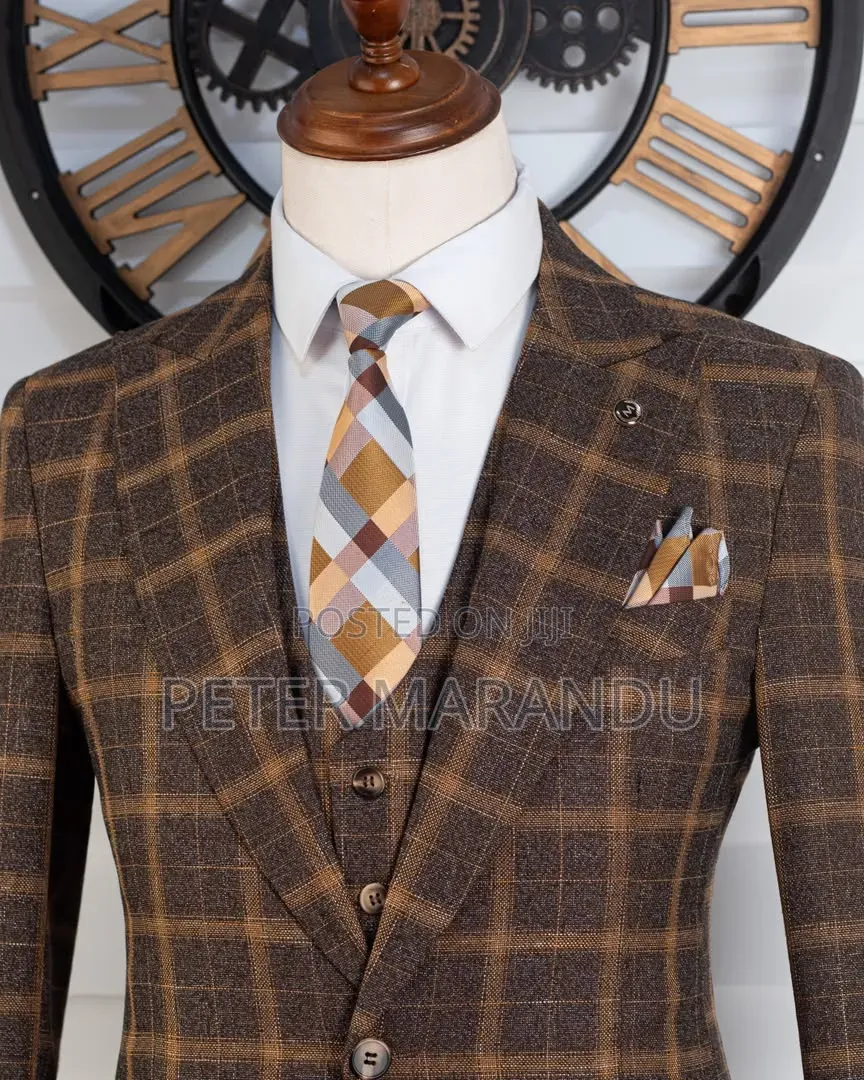 3-Piece Slim Fit Checked Suit (Brown)