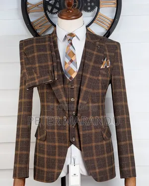 3-Piece Slim Fit Checked Suit (Brown)