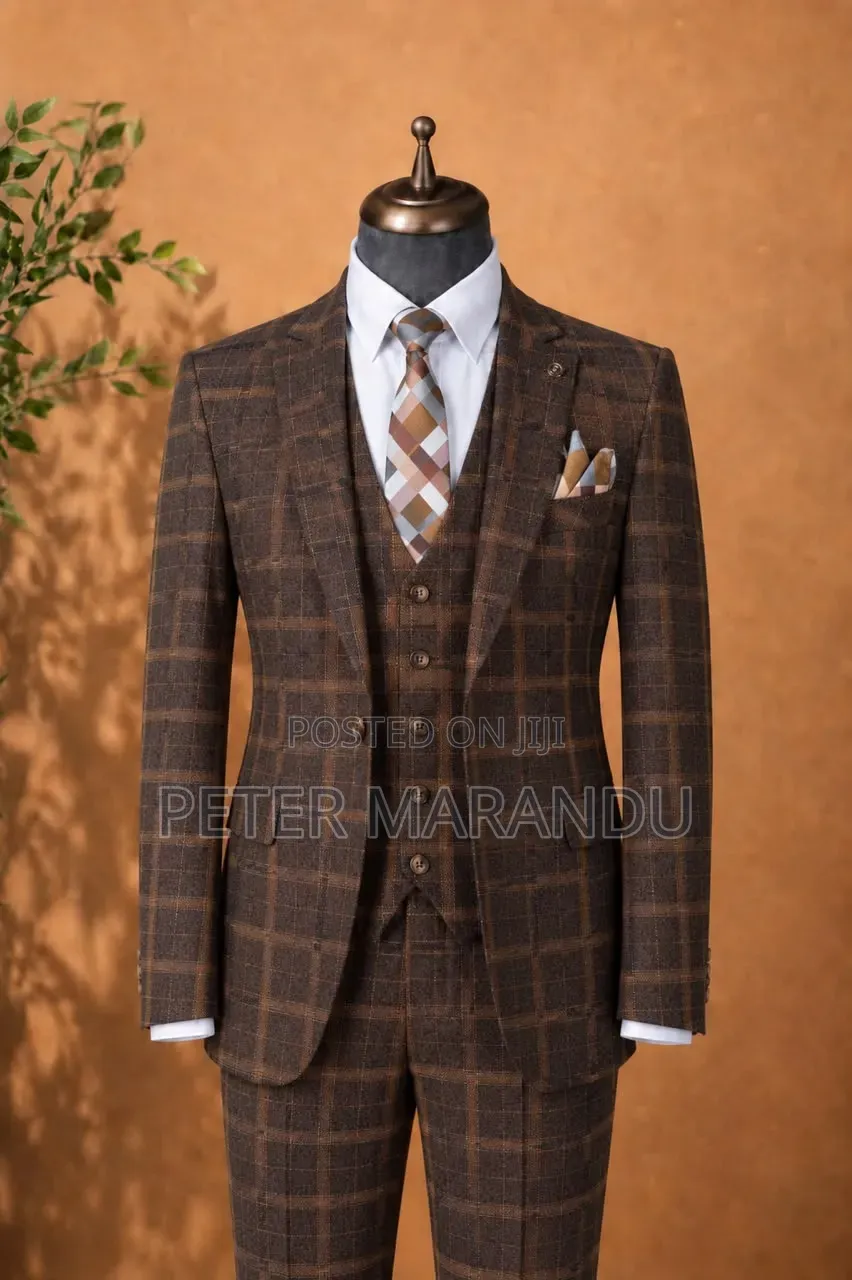 3-Piece Slim Fit Checked Suit (Brown)