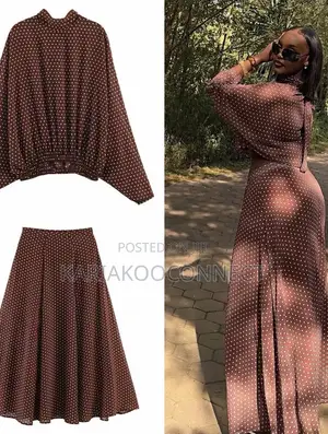Polka Dot Two-Piece Blouse Midi Skirt Set