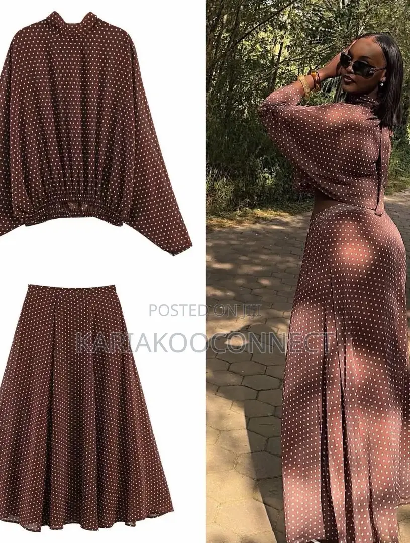 Polka Dot Two-Piece Blouse Midi Skirt Set