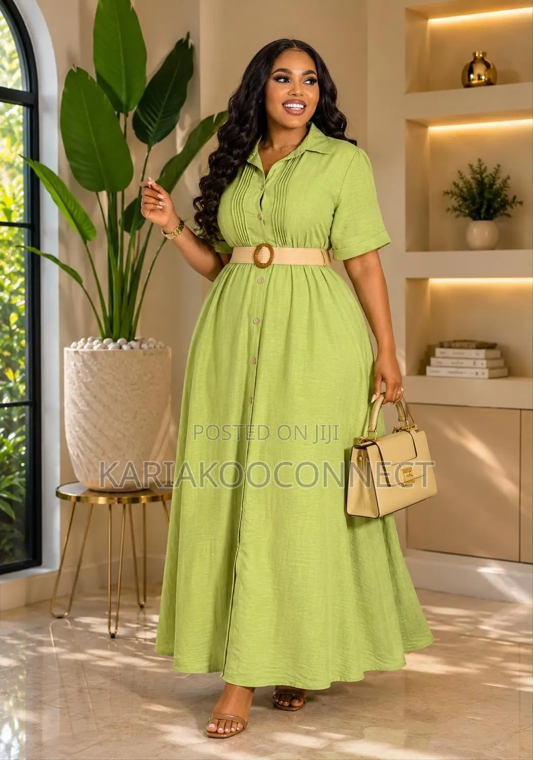 Belted Shirt Maxi Dress With Pintuck Bodice