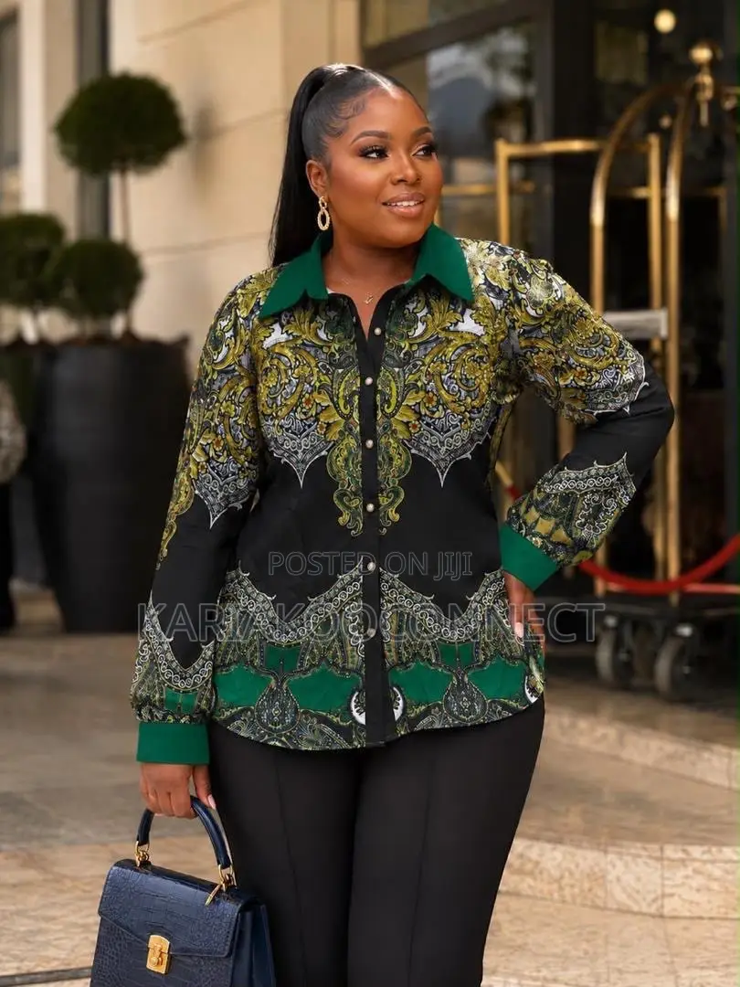 Baroque Print Button-Down Blouse With Contrast Collar Cuffs