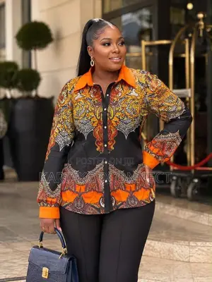Baroque Print Button-Down Blouse With Contrast Collar Cuffs