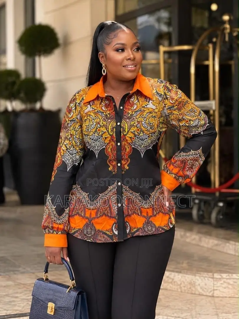 Baroque Print Button-Down Blouse With Contrast Collar Cuffs