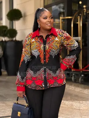 Baroque Print Button-Down Blouse With Contrast Collar Cuffs