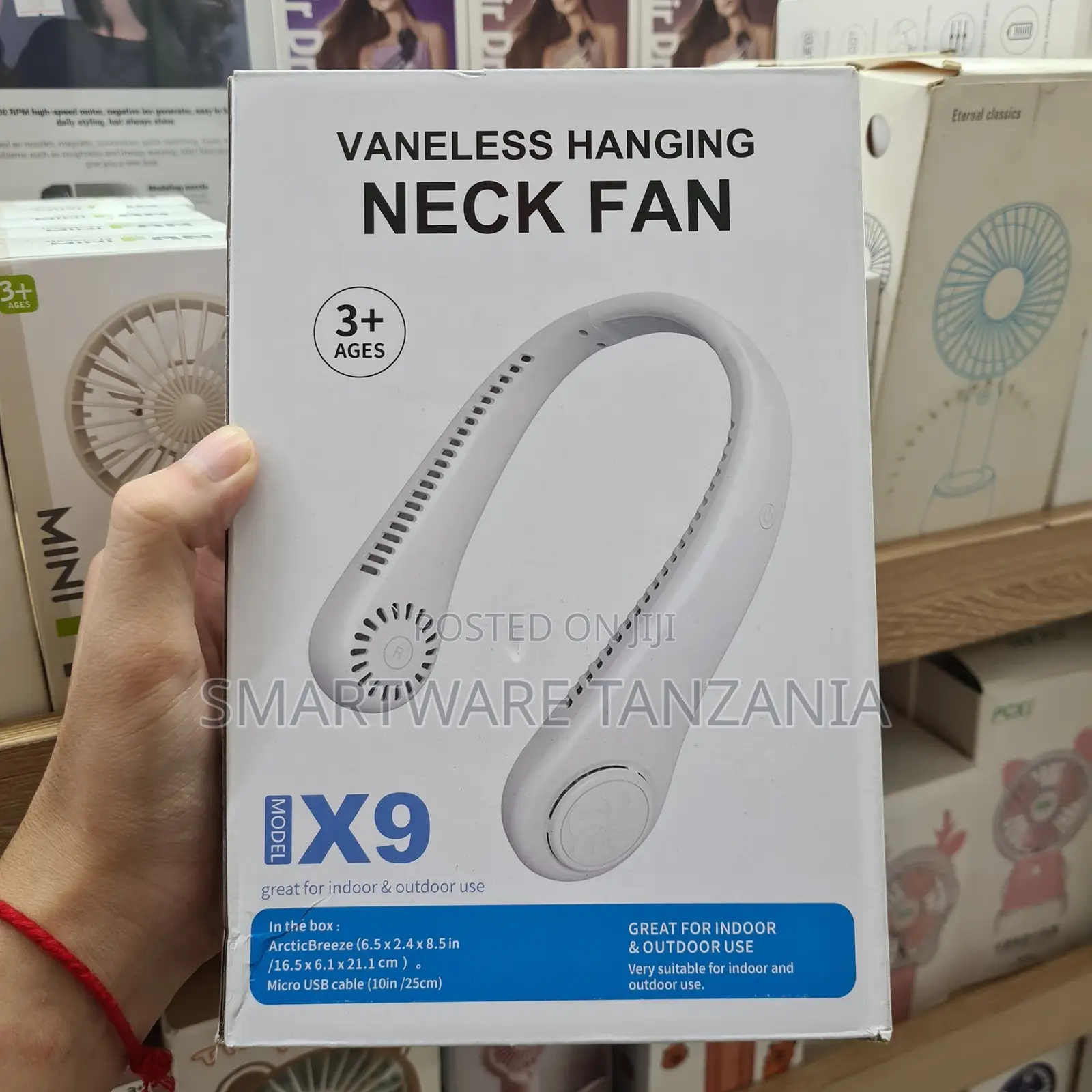 Vaneless Hanging Neck Fan Model X9, Indoor/Outdoor Use, 10in