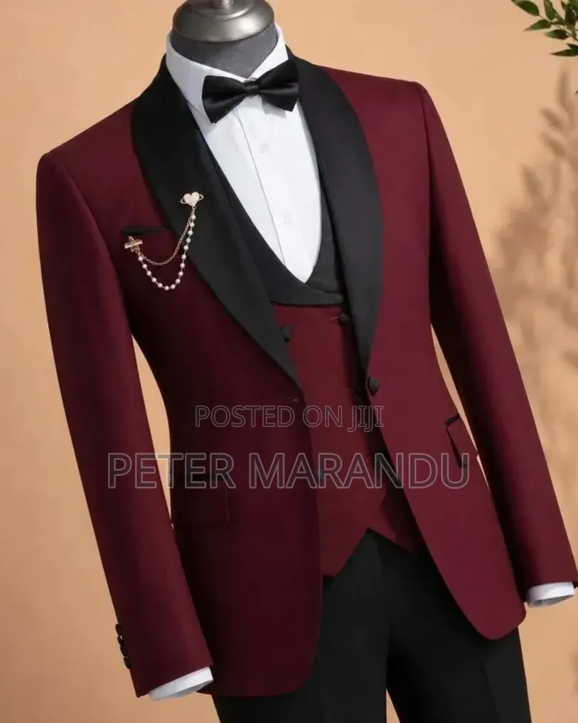 Suti Ya Kifahari Ya Bwana Harusi (Premium Maroon / Burgundy Tuxedo)