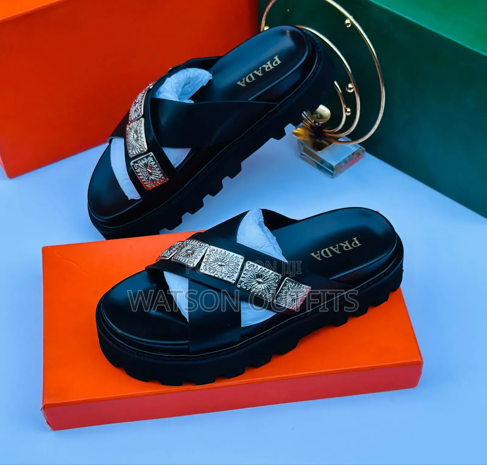 Men's Leather Sandals Black Colour Prada and VALENTINO Brands