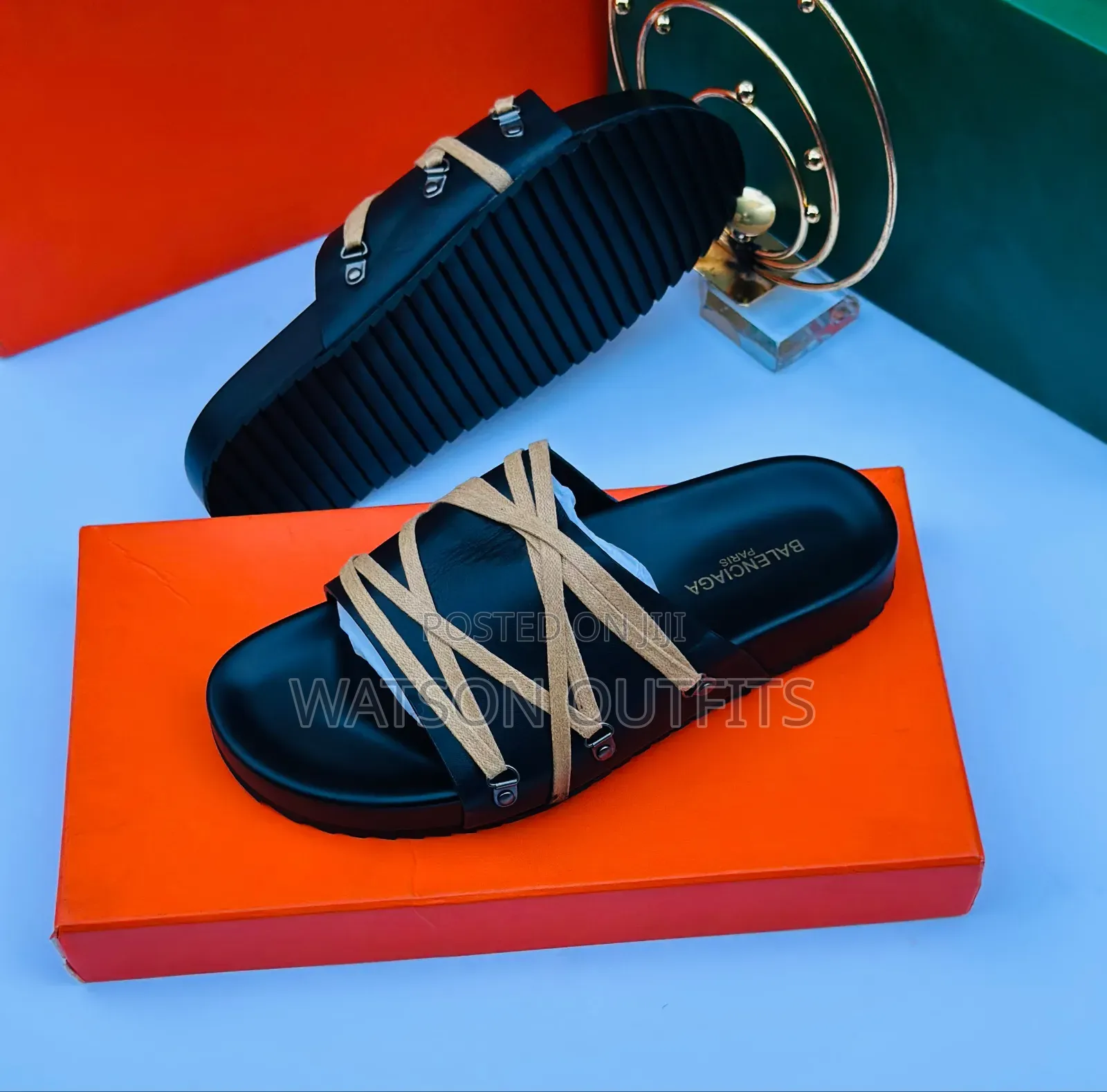 Men's Leather Sandals Black Colour Prada and VALENTINO Brands