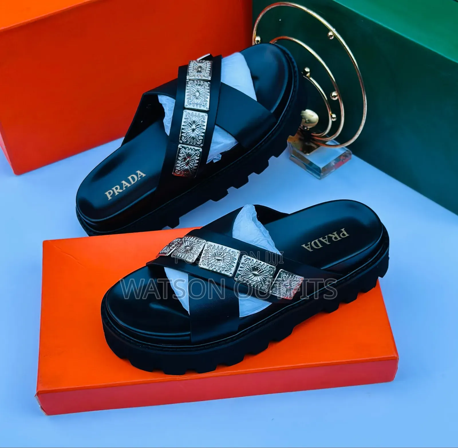 Men's Leather Sandals Black Colour Prada and VALENTINO Brands