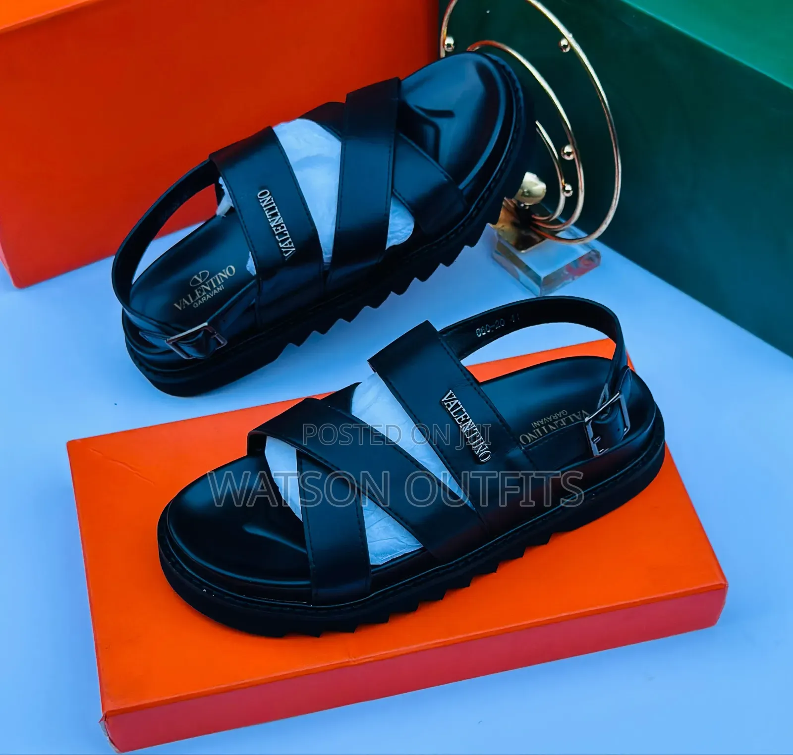 Men's Leather Sandals Black Colour Prada and VALENTINO Brands