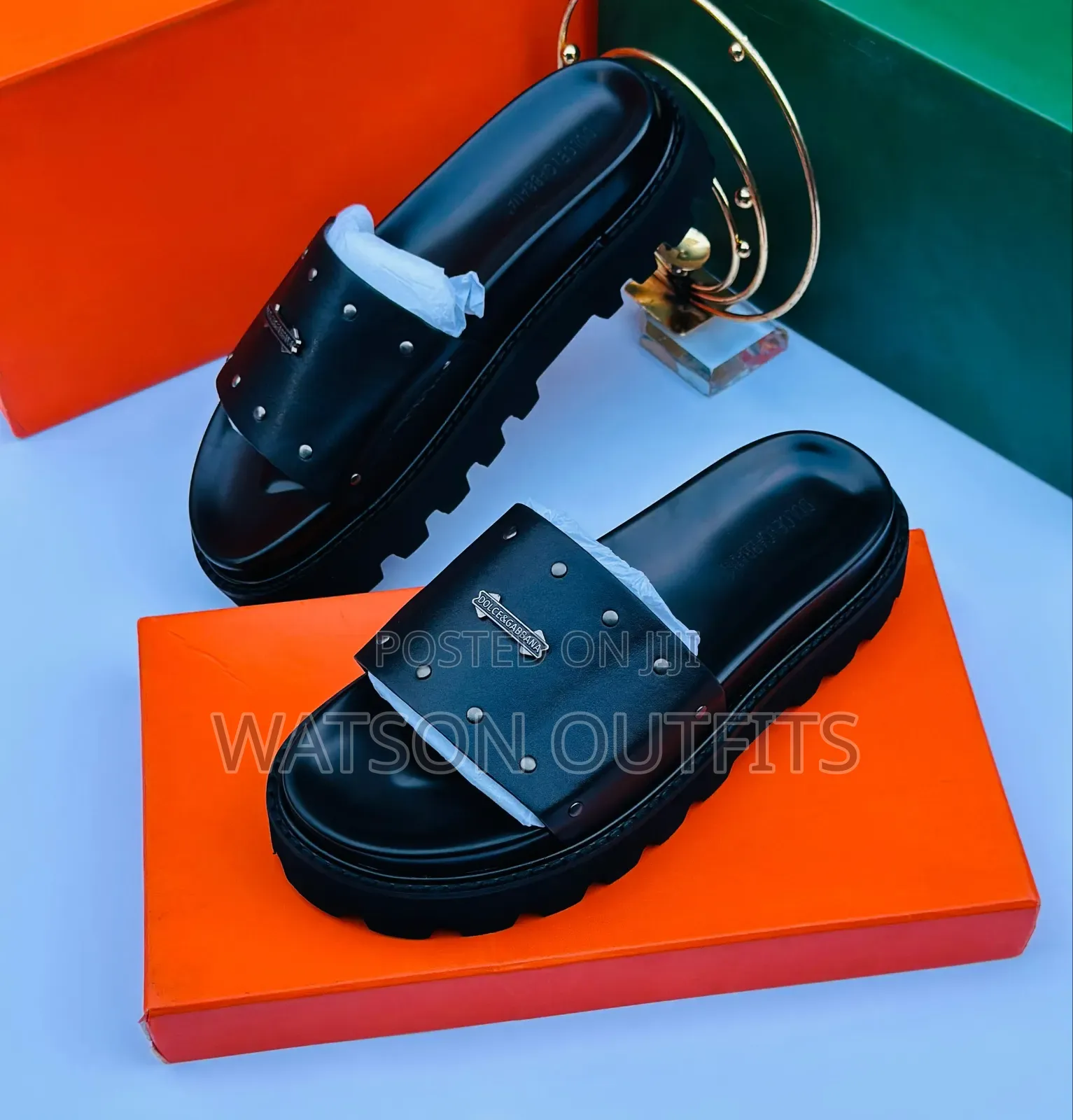 Men's Leather Sandals Black Colour Prada and VALENTINO Brands