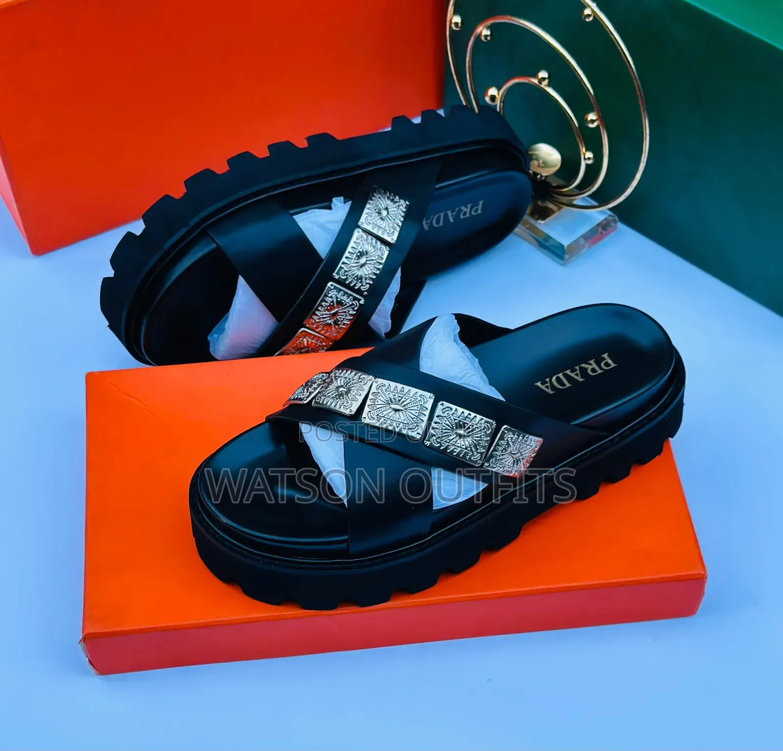Men's Leather Sandals Black Colour Prada and VALENTINO Brands
