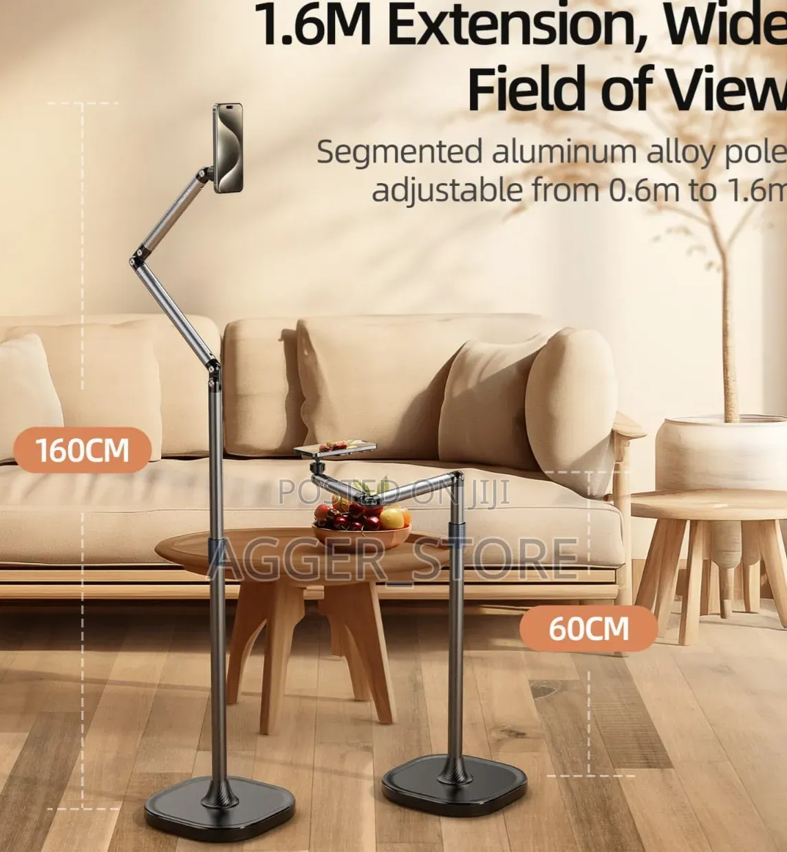 Adjustable 360°,1.6M Rotating Floor Stand for Smartphones and Tablets