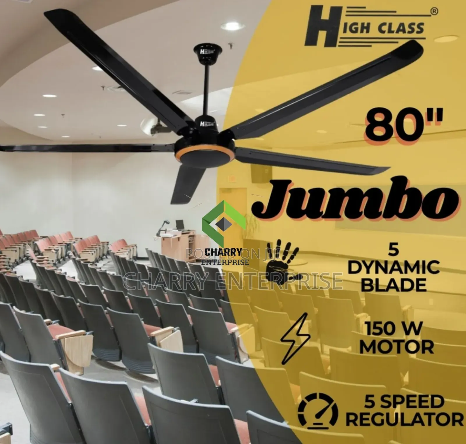 HIGH CLASS Ceiling Fan Size 80" Black With 5 Blades 150W Pangaboi
