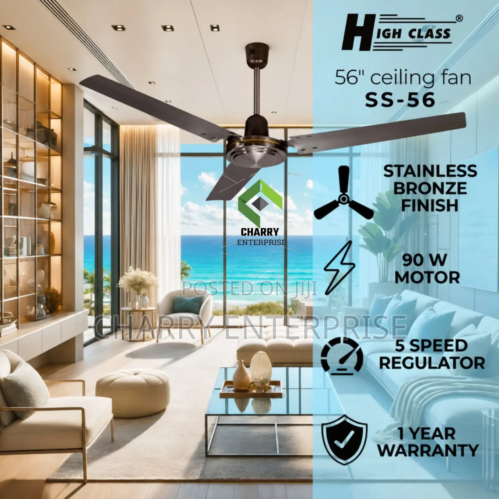 HIGH CLASS Ceiling Fan 3 Blades Size 56" BRONZE 90W Pangaboi