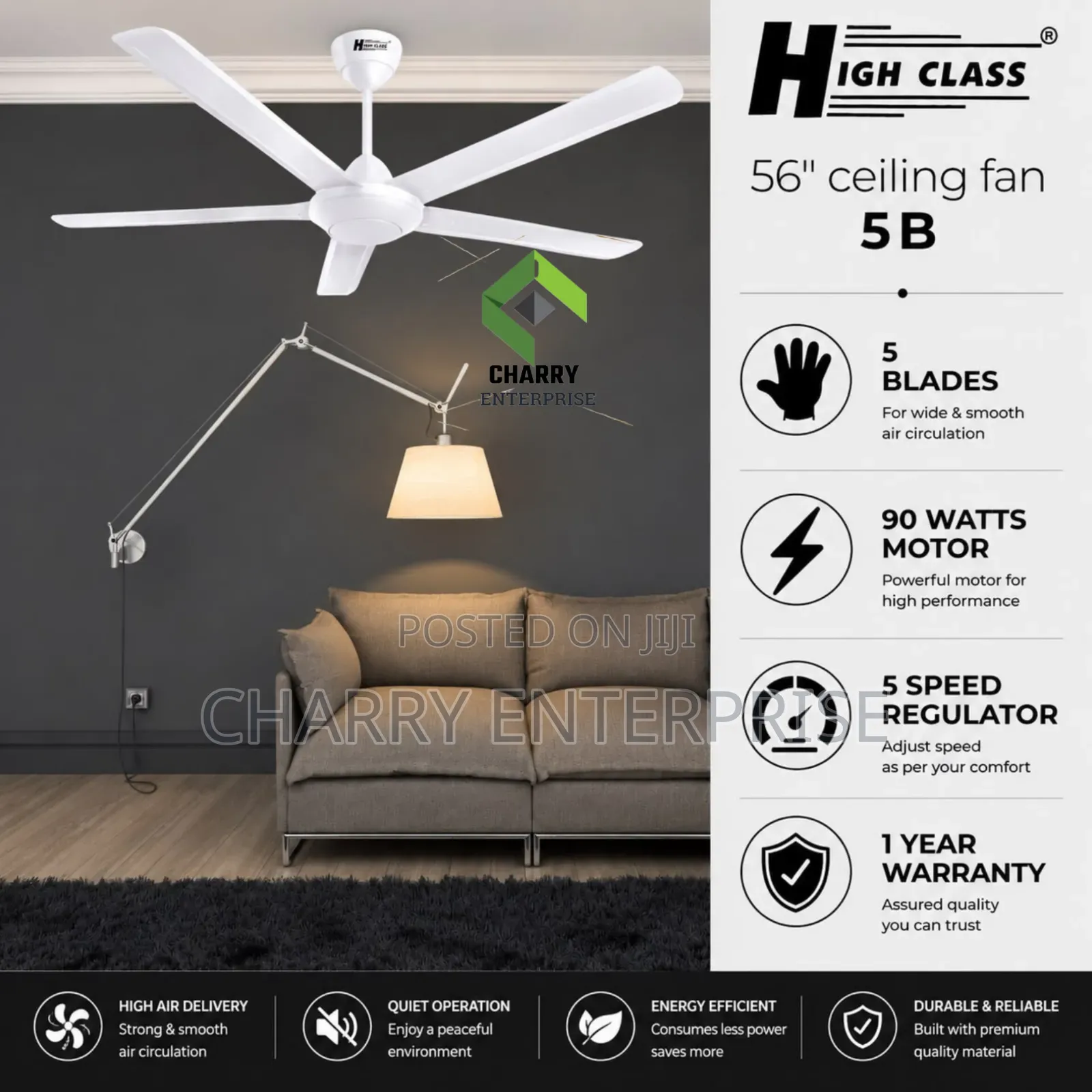 HIGH CLASS Ceiling Fan 5 Blades Size 56" Inch 90W Pangaboi Panga Tano