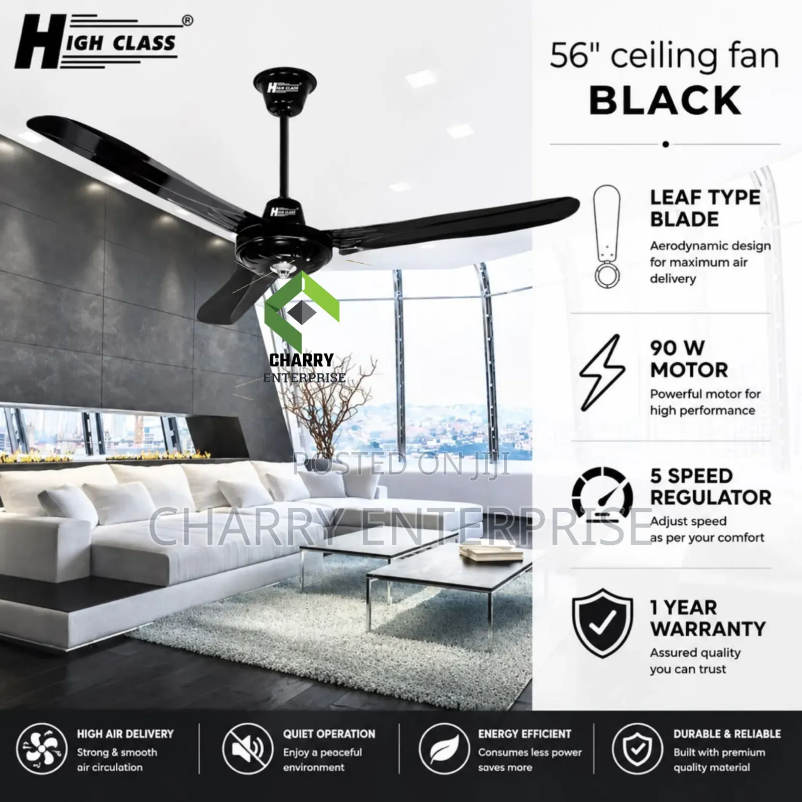 HIGH CLASS Ceiling Fan 3 Blades Size 56" Inch BLACK 90W Pangaboi