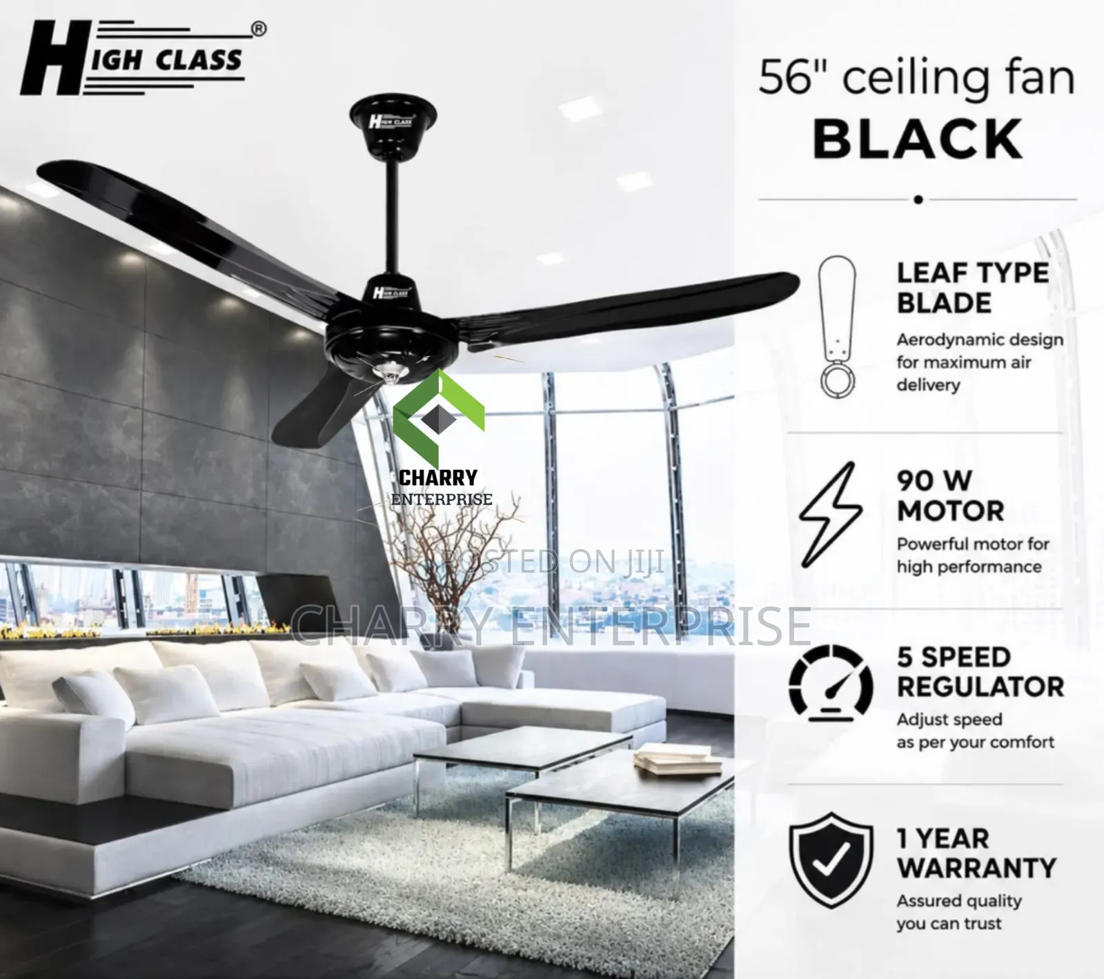 HIGH CLASS Ceiling Fan 3 Blades Size 56" Inch BLACK 90W Pangaboi
