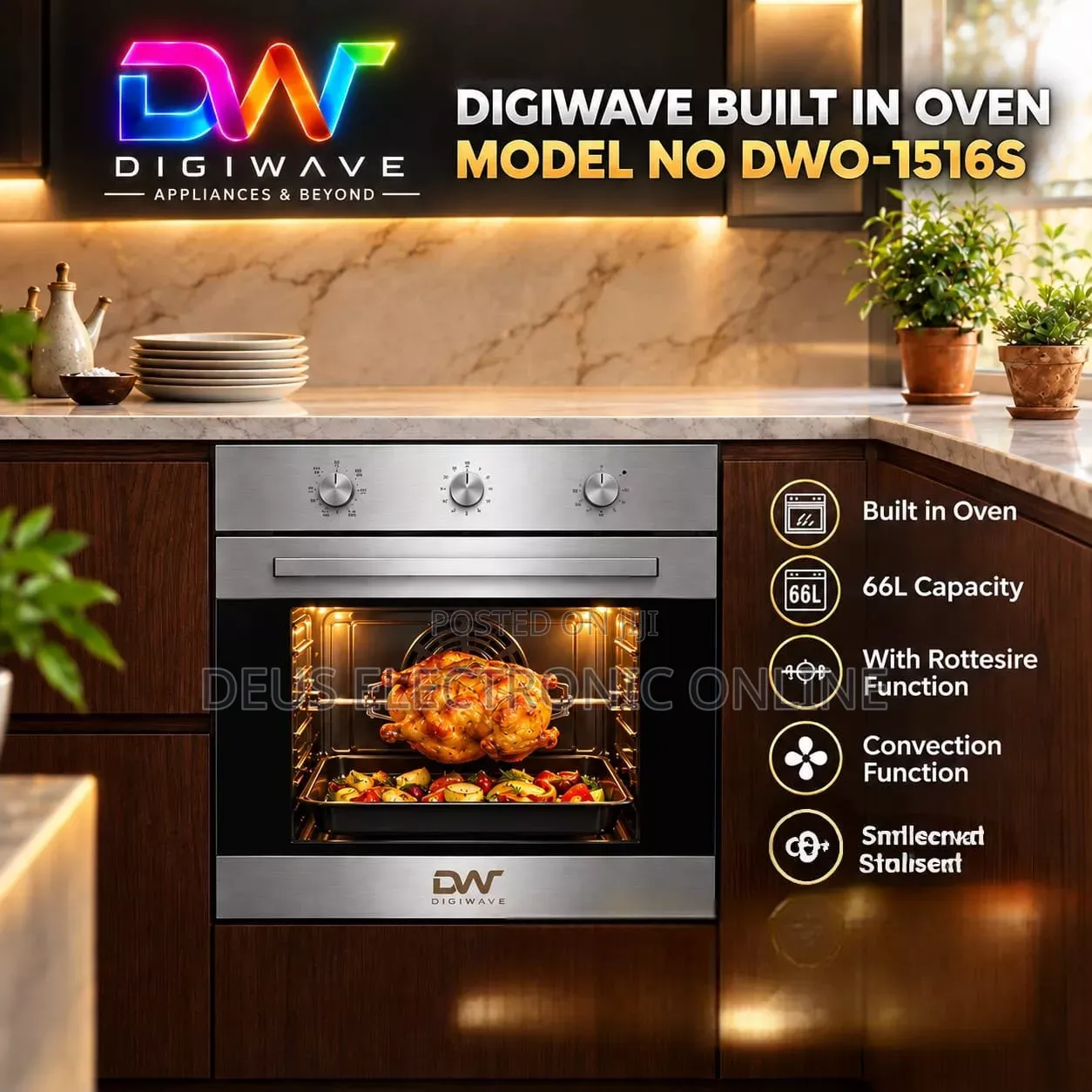 Digiwave Built in Oven 66L* *Stainless Steel Body and Range Hood 60cm
