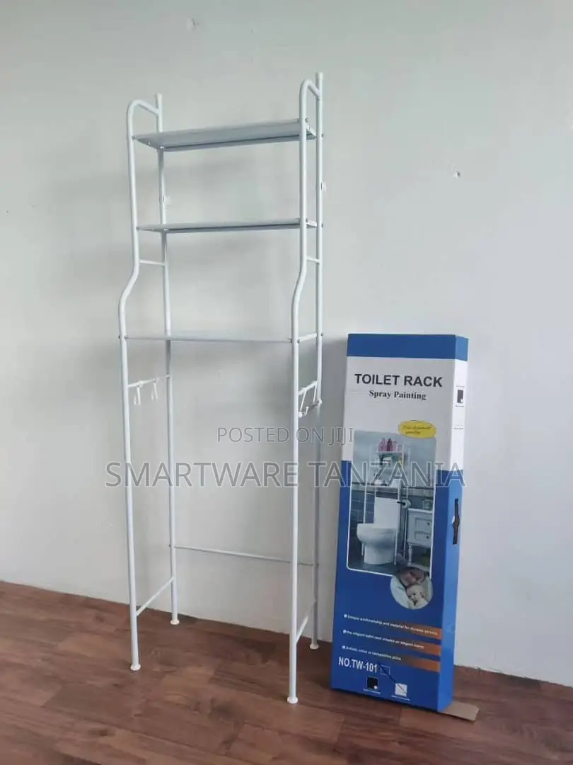 Toilet Rack With 3 Shelves, White Metal Frame, Adjustable Height