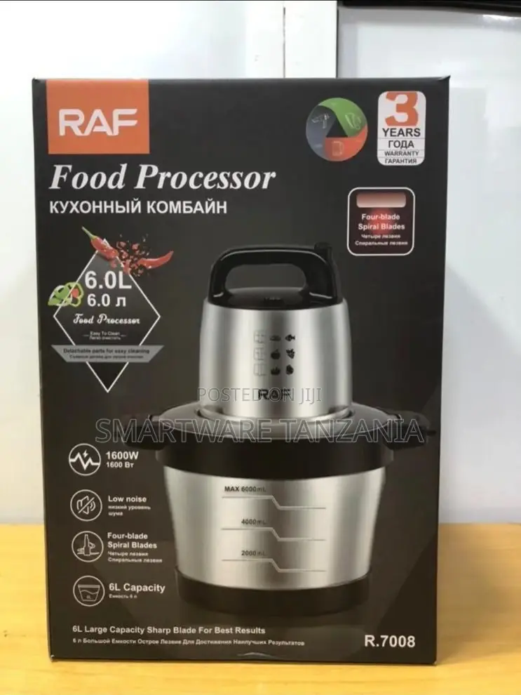 RAF Food Processor 6L Capacity, 1600W Power, Four-Blade Spiral Design